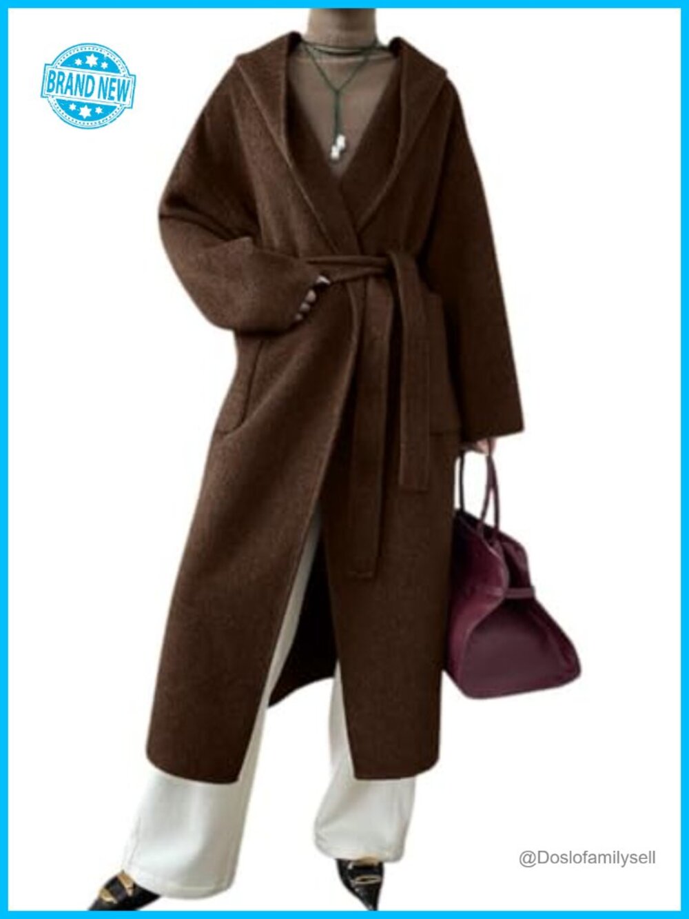 Wool Blend Midi Pea Coat Open Front Belted Hooded Loose Fit Winter